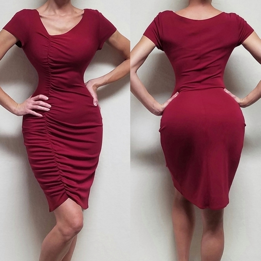 VINTAGE ABS Allen Schwartz Wine Red Asymmetric V-neck Ruched Bodycon Dress Small